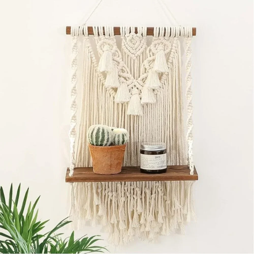UO Single Tier Macrame Boho Wall Hanging Shelf